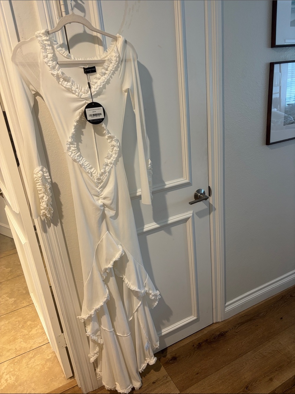 White Fox Boutique White Ruffle-Trim Maxi Dress with Cutout